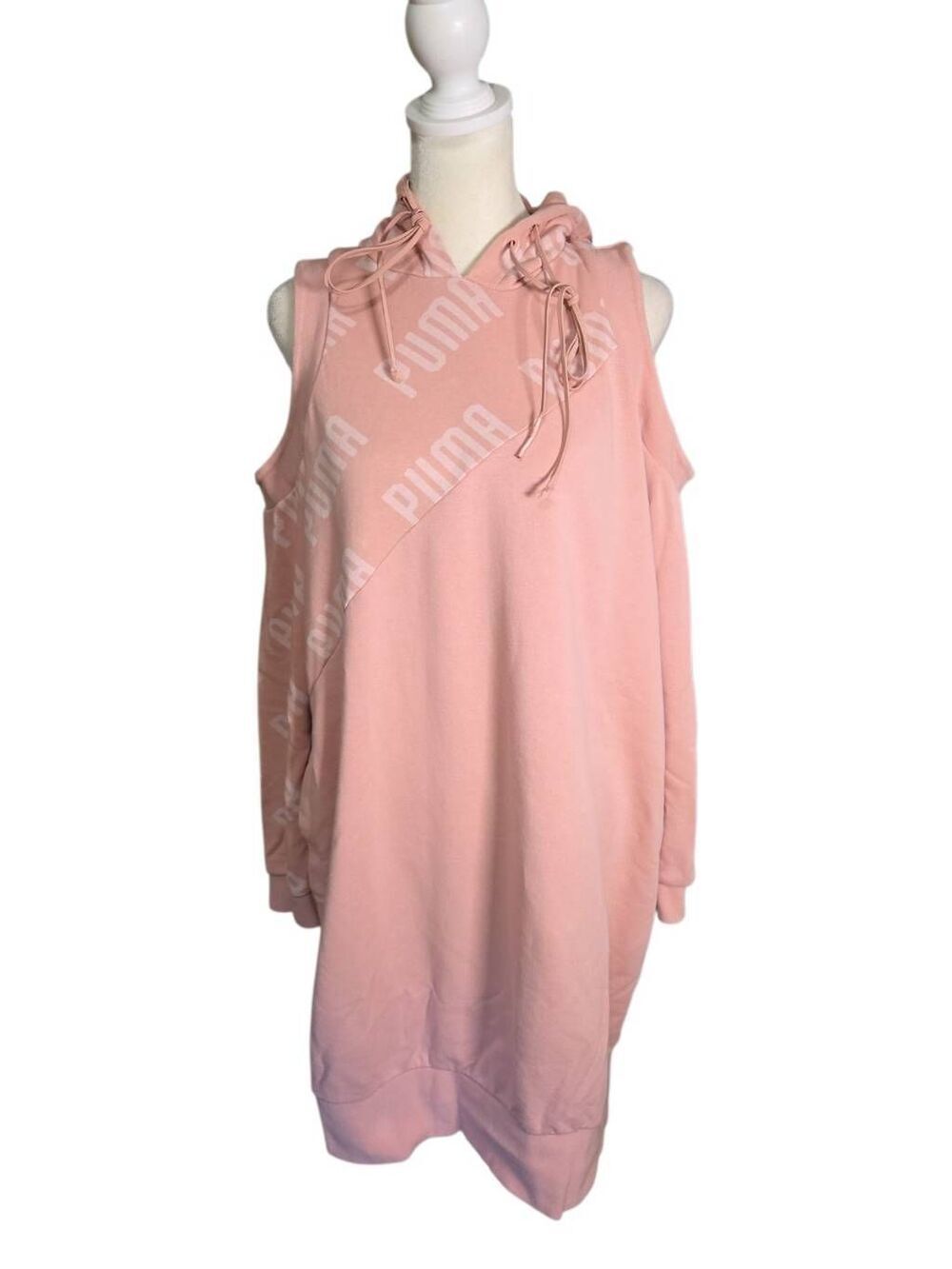PUMA Cold Shoulder Graphic Logo Hoodie Dress Peach Small
